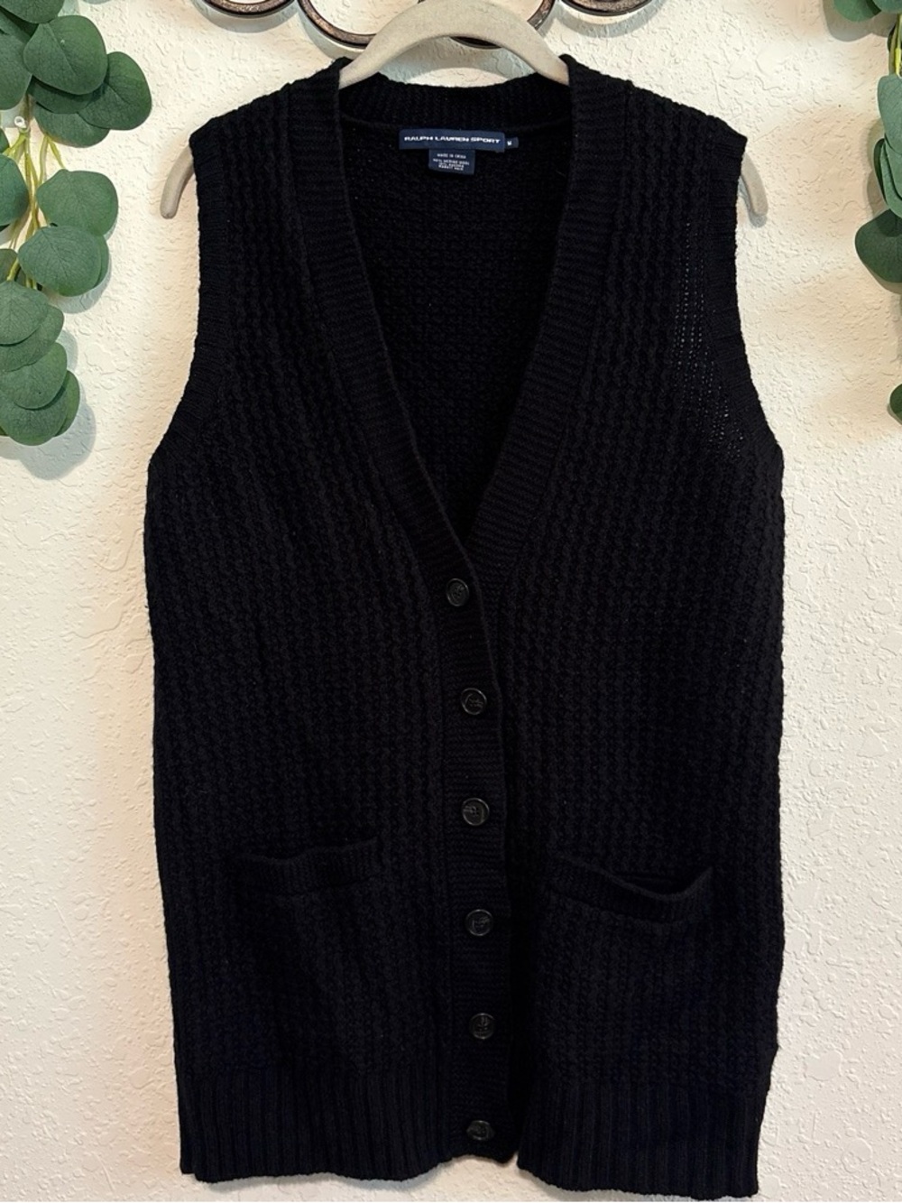Vintage Ralph Lauren Black Merino Wool Button-Front Knit Sweater Vest - Picture 2 of 6